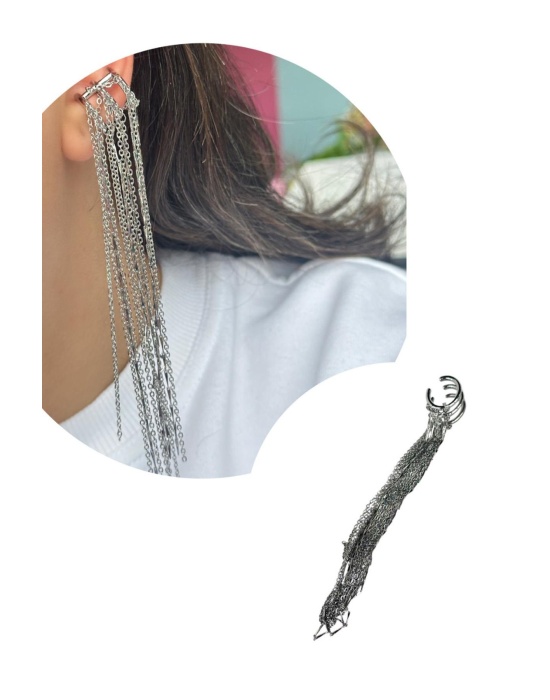 Gümüş Renk Zincir Detaylı Sallantılı Ear Cuff (Tek)