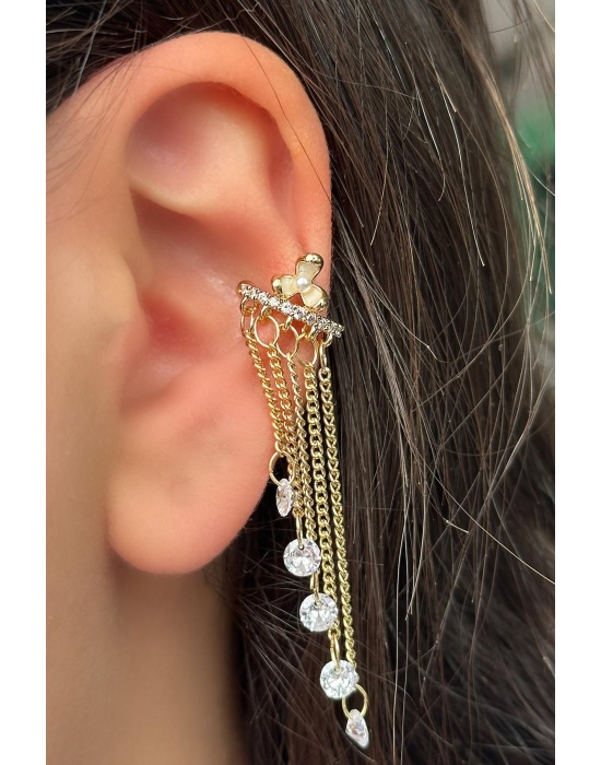 Altın Renk Çiçek Figürlü Sallantılı Ear Cuff (Tek)