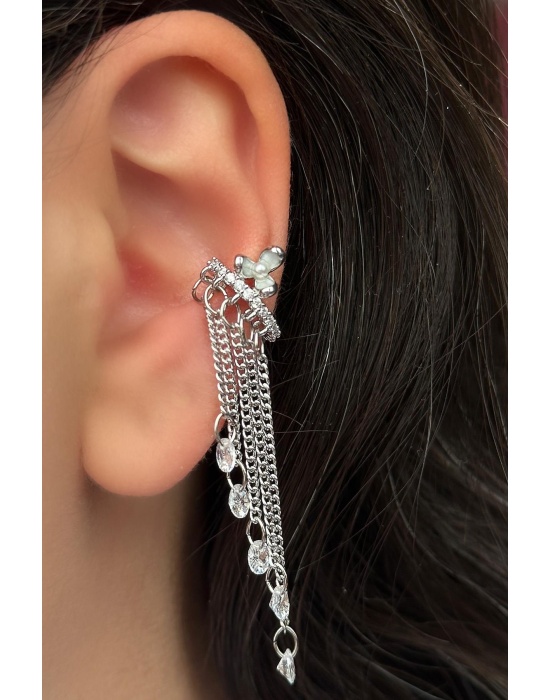 Gümüş Renk Çiçek Figürlü Sallantılı Ear Cuff (Tek)