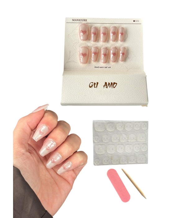 Pembe Renk 10lu Kalp Figürlü Jel Görünümlü Takma Tırnak Set (Yapıştırıcılı)