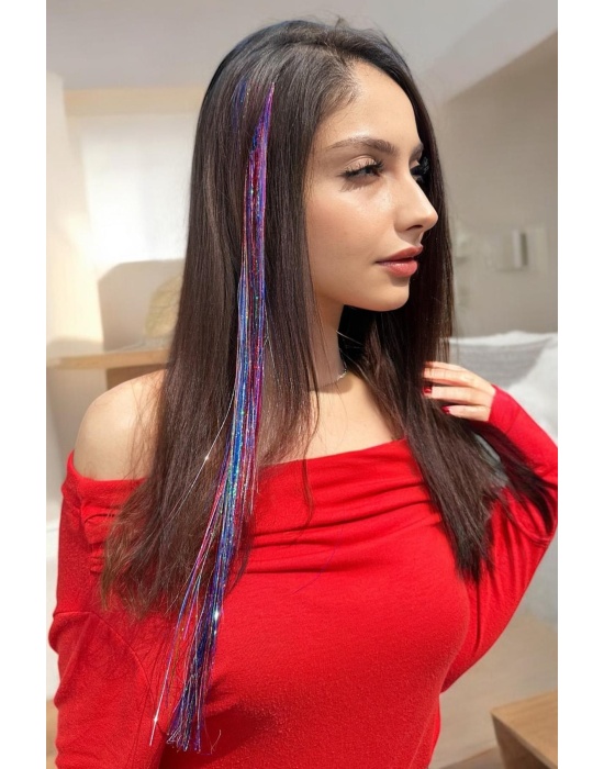 Çok Renkli Simli Yan Çıtçıtlı Postiş Hair Tinsel Shiny Hair (50 Cm)
