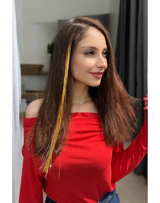 Altın Renk Simli Yan Çıtçıtlı Postiş Hair Tinsel Shiny Hair (50 CM)