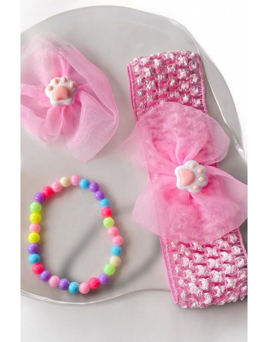 Pembe Renk Pati Figürlü Saç Bandı,Yan Toka,Bileklik Set