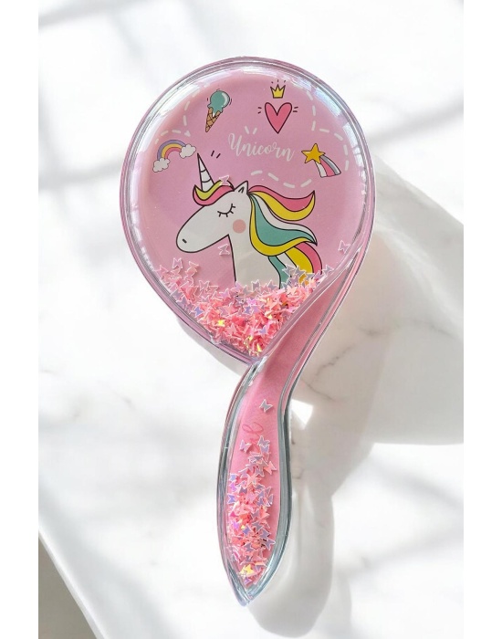 Pembe Renk Unıcorn Figürlü Sim Detaylı Saç Tarama Fırçası/ Tarak