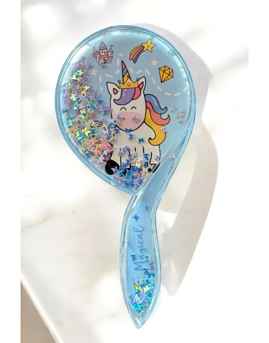 Mavi Renk Unicorn Figürlü Sim Detaylı Saç Tarama Fırçası/ Tarak