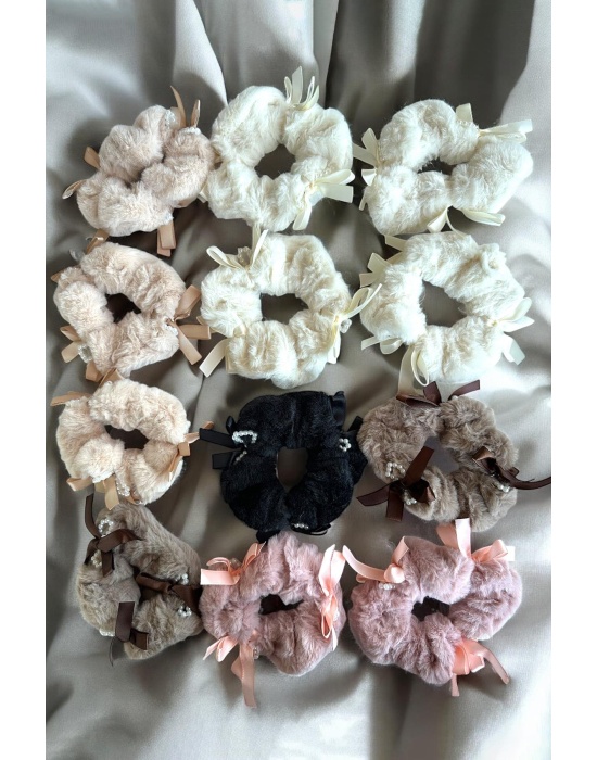 12li Karışık Renk Kurdele Detaylı Peluş Simit Toka Set