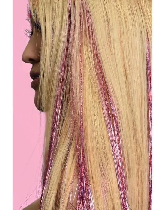 Açık Pembe Renk Simli Yan Postiş Hair Tinsel Shiny Hair (50 Cm)