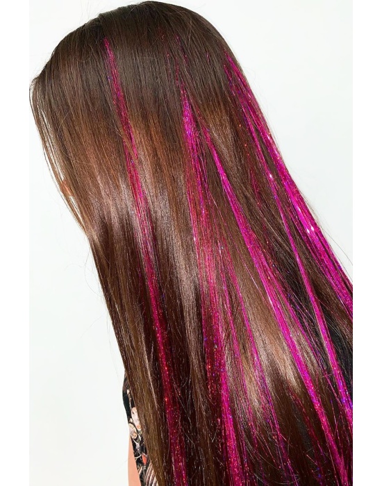 Koyu Pembe Renk Simli Yan Postiş Hair Tinsel Shiny Hair (50 Cm)