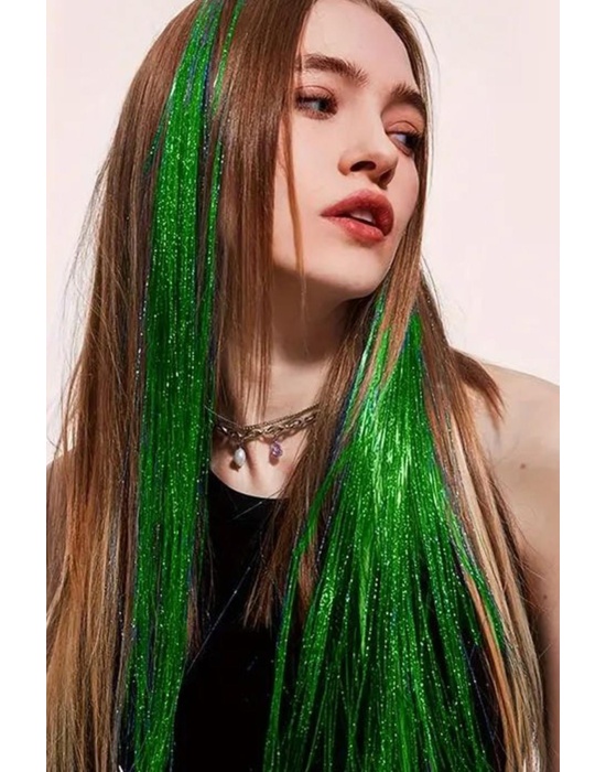 Yeşil Renk Simli Yan Postiş Hair Tinsel Shiny Hair (50 Cm)