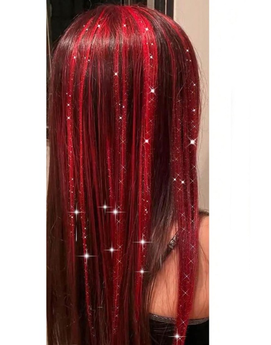 Kırmızı Renk Simli Yan Postiş Hair Tinsel Shiny Hair (50 Cm)