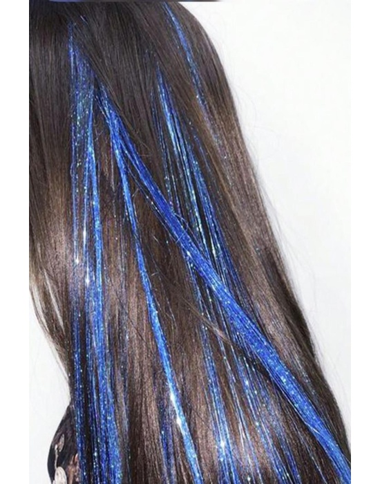 Mavi Renk Simli Yan Postiş Hair Tinsel Shiny Hair (50 Cm)