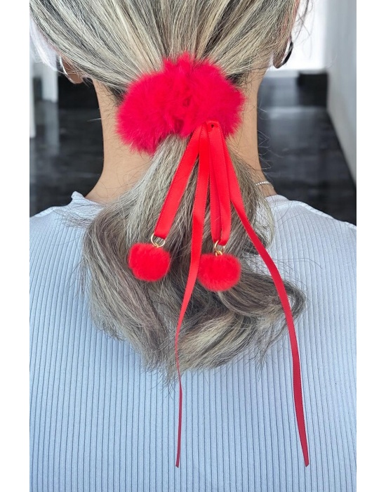 Kırmızı Renk Ponpon Detaylı Peluş Simit Toka