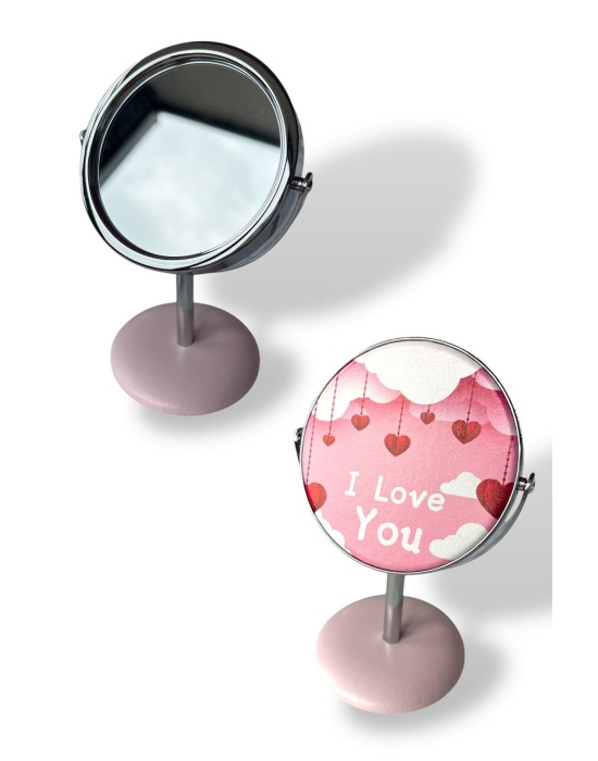 Pembe Renk I Love You Yazılı Dönebilen Masa Aynası
