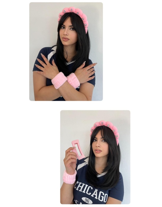 Pembe Renk Taş Detaylı Spa Taç/ Mandal Toka/ Su Emici Havlu Bileklik Set