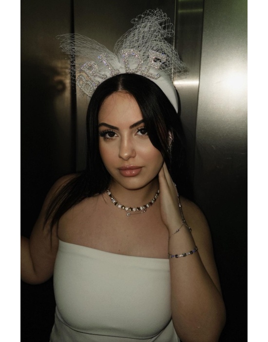 Beyaz Renk Bride Yazılı İnci Detaylı Tüllü Gelin Taç