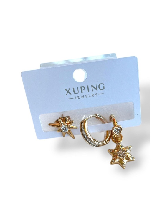 Altın Renk Taş Detaylı Çelik 3lü Xuping Küpe Set