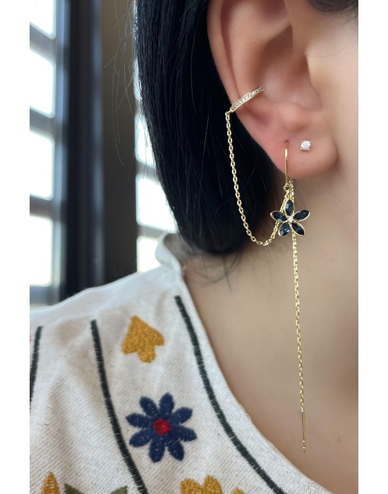 Altın Renk Çiçek Figürlü Taş Detaylı Çelik Xuping Ear Cuff Ve Küpe Set