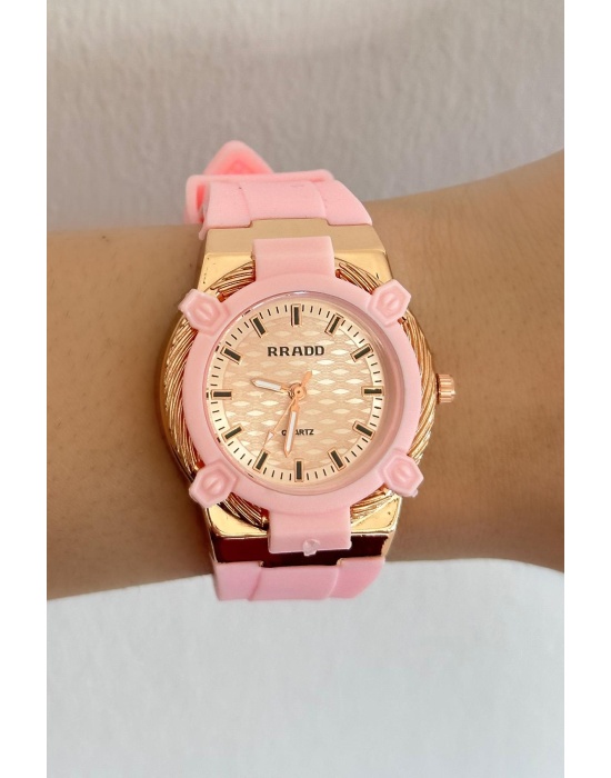 Pembe Renk Silikon Kordonlu Çelik Kadın Saat