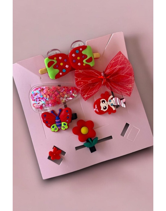 Kırmızı Renk Karışık Figürlü Toka Set