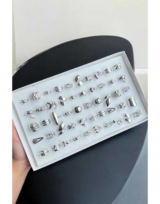 50li Gümüş Renk Karışık Figürlü Ayarlanabilir Yüzük Set