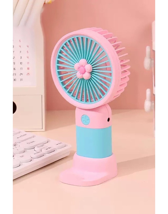 Pembe Ve Mavi Renk Çiçek Figürlü Taşınabilir Şarjlı Telefon Tutacaklı El Fanı