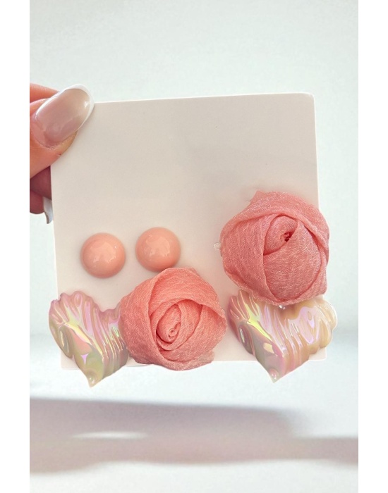 Pembe Renk Çiçek Figürlü Kalp Detaylı 6lı Küpe Set