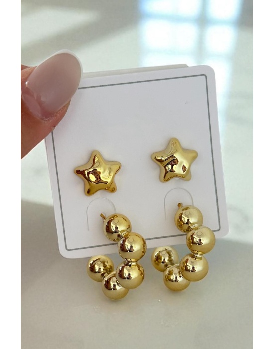 Altın Renk Yıldız Figürlü Küpe Set