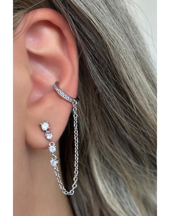 Gümüş Renk Taş Detaylı İkili Ear Cuff Küpe Set