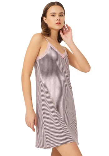 Pembe Füme Çizgili İnce Askılı Pamuklu Gecelik CH1406