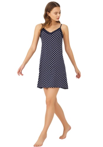 Lacivert Beyaz Puantiyeli İnce Askılı Pamuklu Gecelik CH1406