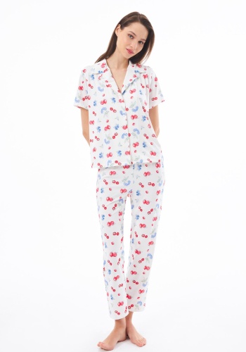 Desenli Yumuşak Dokulu Kısa Kollu Gömlek Yaka Pijama Takımı CH1518