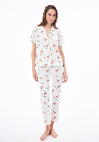 Desenli Yumuşak Dokulu Kısa Kollu Gömlek Yaka Pijama Takımı CH1518