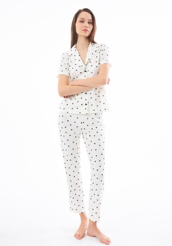 Desenli Yumuşak Dokulu Kısa Kollu Gömlek Yaka Pijama Takımı CH1518