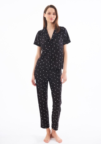 Desenli Yumuşak Dokulu Kısa Kollu Gömlek Yaka Pijama Takımı CH1518