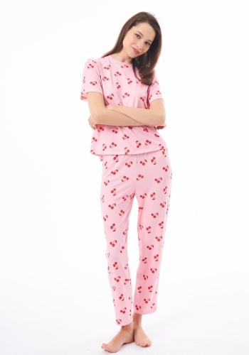 Desenli Yumuşak Dokulu Kısa Kollu Bisiklet Yaka Pijama Takımı CH1519