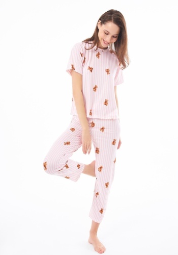 Desenli Yumuşak Dokulu Kısa Kollu Bisiklet Yaka Pijama Takımı CH1519