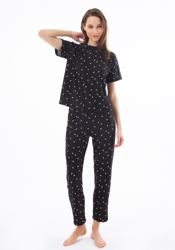 Desenli Yumuşak Dokulu Kısa Kollu Bisiklet Yaka Pijama Takımı CH1519