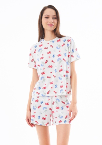 Desenli Yumuşak Dokulu Uzun Kollu Bisiklet Yaka Şortlu Pijama Takımı CH1521