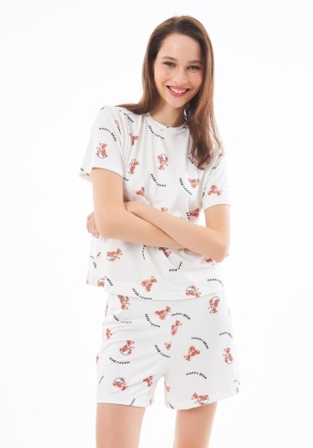 Desenli Yumuşak Dokulu Uzun Kollu Bisiklet Yaka Şortlu Pijama Takımı CH1521