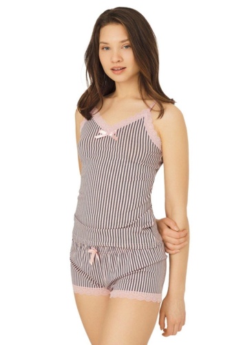 Pembe Füme Çizgili İnce Askılı Şortlu Pamuklu Pijama Takımı CH1507