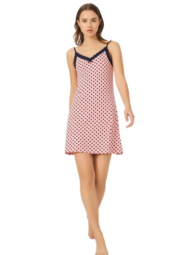 Pembe Lacivert Puantiyeli İnce Askılı Pamuklu Gecelik CH1406