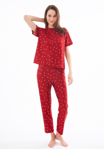 Desenli Yumuşak Dokulu Kısa Kollu Bisiklet Yaka Pijama Takımı CH1519