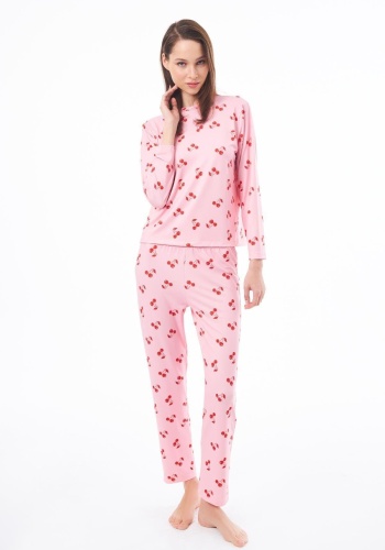 Desenli Yumuşak Dokulu Uzun Kollu Bisiklet Yaka Pijama Takımı CH1520