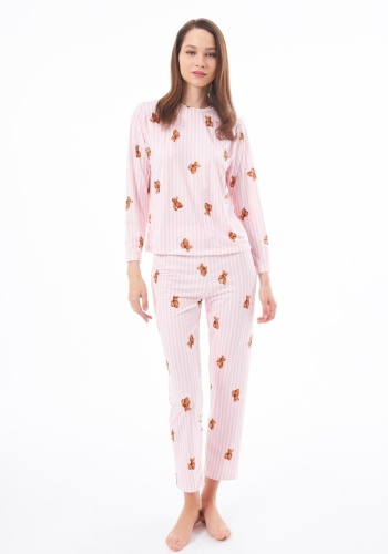 Desenli Yumuşak Dokulu Uzun Kollu Bisiklet Yaka Pijama Takımı CH1520