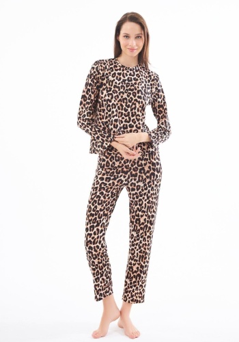 Desenli Yumuşak Dokulu Uzun Kollu Bisiklet Yaka Pijama Takımı CH1520