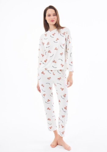 Desenli Yumuşak Dokulu Uzun Kollu Bisiklet Yaka Pijama Takımı CH1520