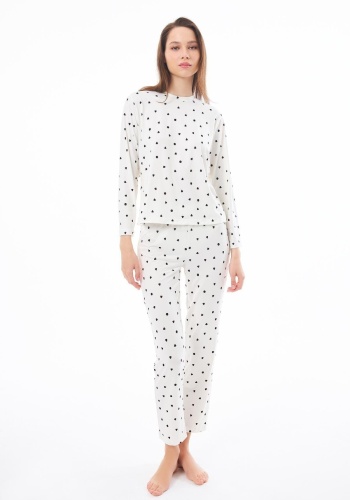 Desenli Yumuşak Dokulu Uzun Kollu Bisiklet Yaka Pijama Takımı CH1520