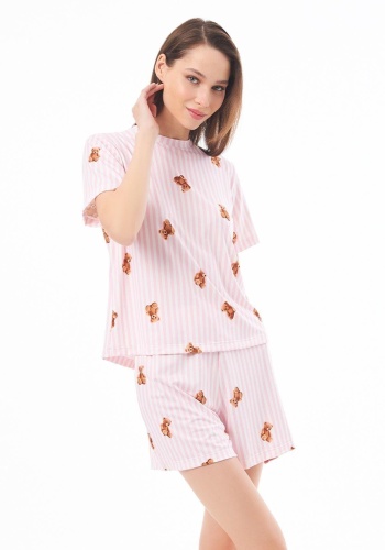 Desenli Yumuşak Dokulu Uzun Kollu Bisiklet Yaka Şortlu Pijama Takımı CH1521