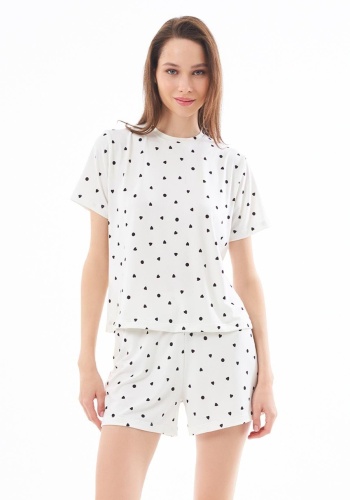 Desenli Yumuşak Dokulu Uzun Kollu Bisiklet Yaka Şortlu Pijama Takımı CH1521