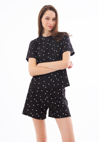 Desenli Yumuşak Dokulu Uzun Kollu Bisiklet Yaka Şortlu Pijama Takımı CH1521